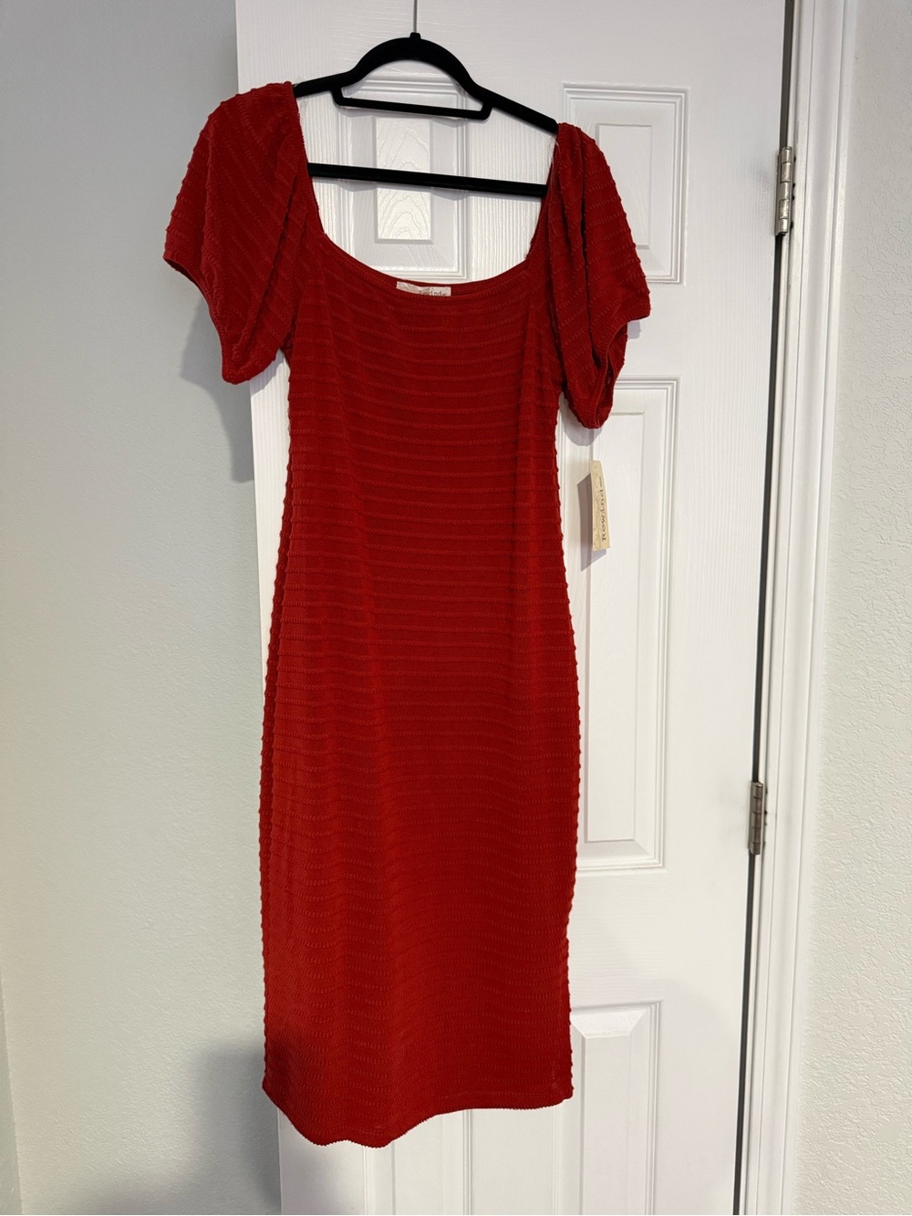 Rust orange fitted Textured Short-Sleeve Women's midi Dress large